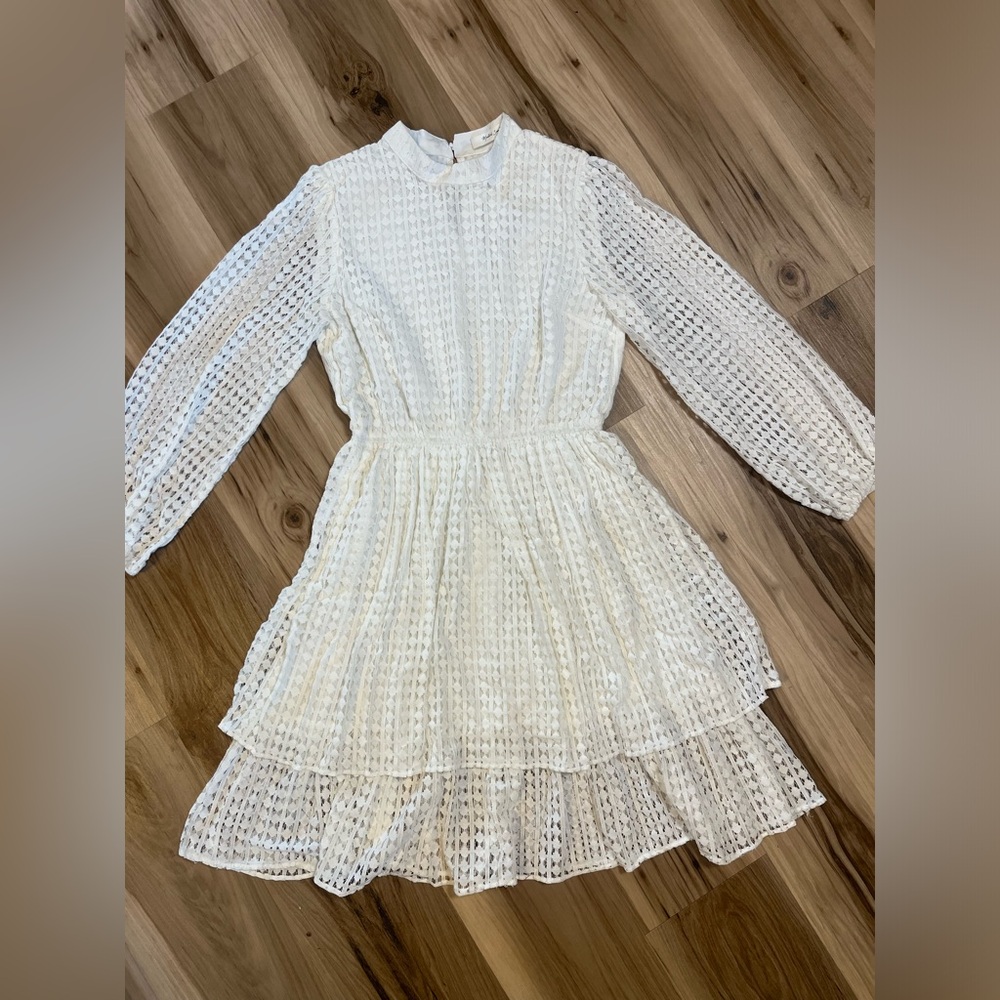 Mustard Seed Women’s Small White Lace Tiered Mini Dress Long Balloon Sleeve Boho